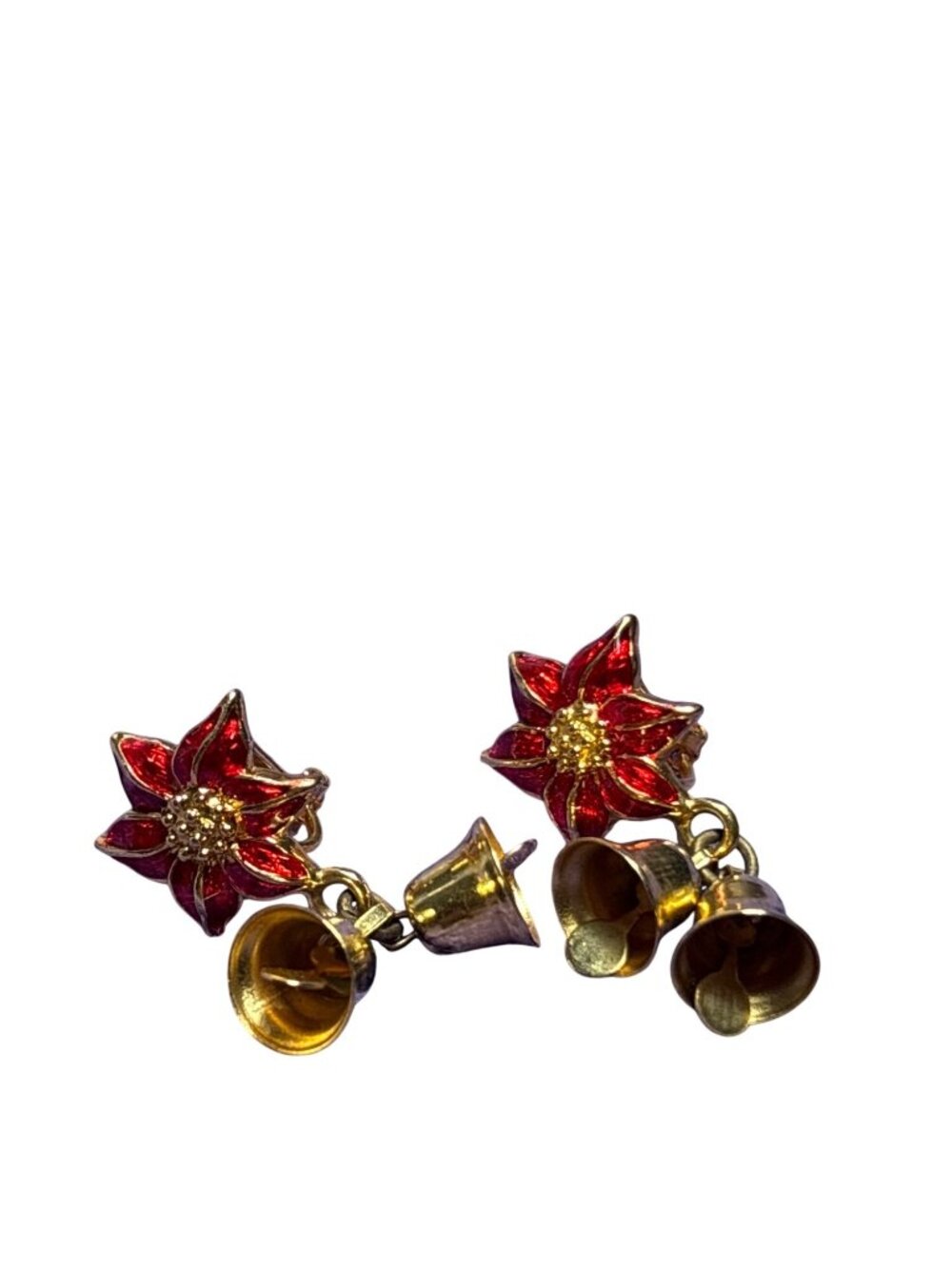 Vintage Christmas Clip On Earrings Red Enamel Poinsettia Flowers Goldtone Bells
